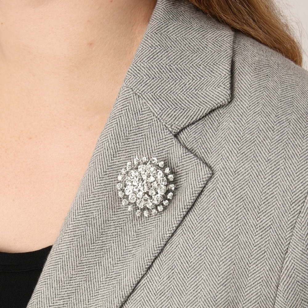 Vintage 50s Rhinestone‎ Brooch Pin Silver Tone Sparkling Floral Flower Jewelry